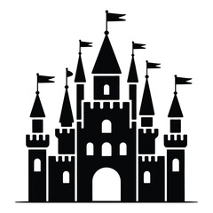 Fototapeta premium A striking black castle illustration with multiple towers and flags rendered as a silhouette