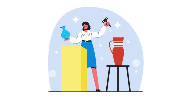 Animated flat illustration of female potter presenting ceramic vase in studio