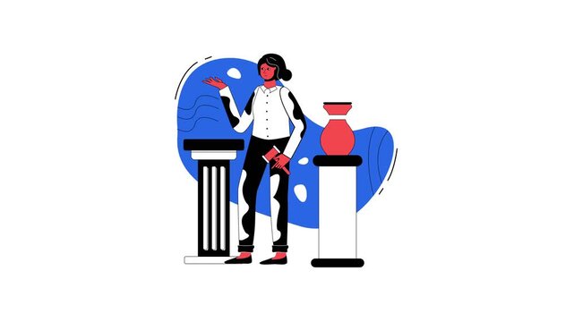 Woman artist painting abstract sculpture in modern animated illustration