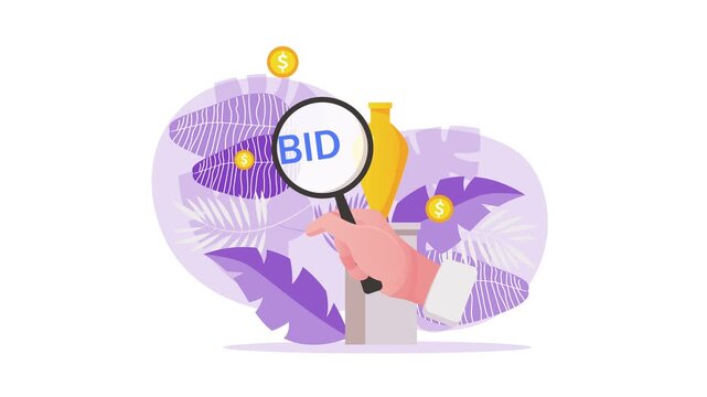 Hand with magnifying glass inspecting decorative vase and leaves, flat animation