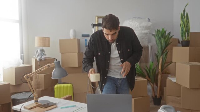 Hispanic bearded man leans over laptop at a cluttered desk amid packed moving boxes inside a residential building; moving day joy.
