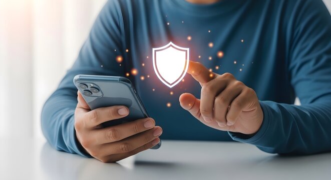 A person interacting with a smartphone displaying a shield icon for cybersecurity