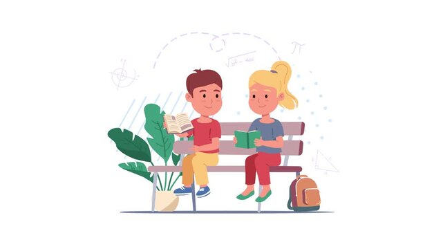 Animated schoolchildren reading books on a park bench with math doodles
