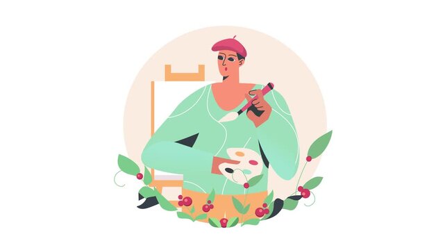 Creative artist painting with brush and palette in floral studio scene