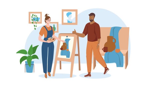 Animated artists discussing artwork in bright creative studio interior