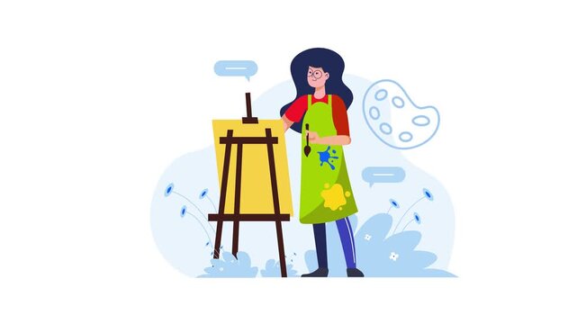 Young female artist painting at easel in creative studio illustration