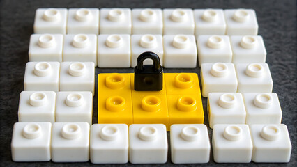 Obraz premium 3D rendering of padlock on white LEGO bricks background for security concept