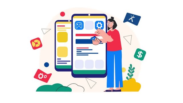 Woman tapping mobile app interface on smartphone, flat vector animation