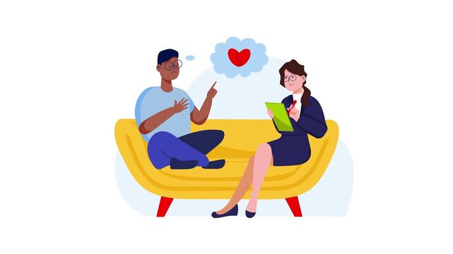 Animated therapist counseling couple about broken heart on sofa