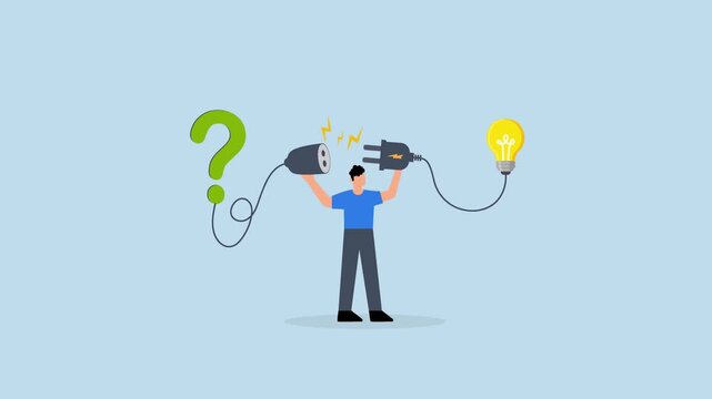 Confused businessman with question mark and lightbulb ideas in creative problem solving concept