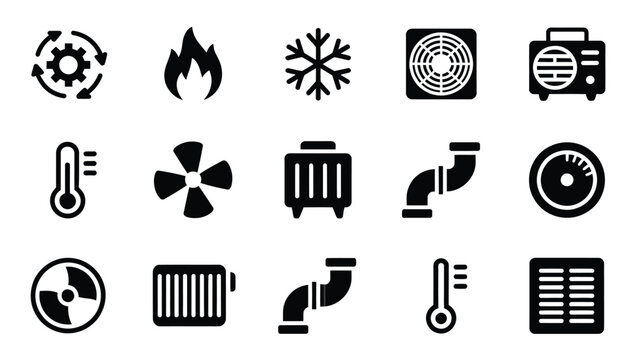 HVAC icons: heating, ventilation, and air conditioning system components and symbols in solid style.