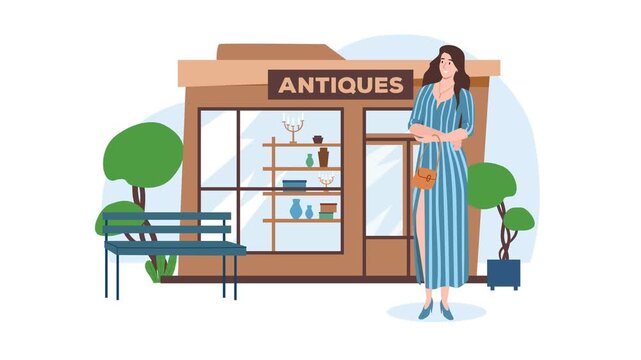 Animated woman outside antiques shop storefront with vintage display