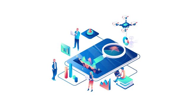 Isometric animation of data analytics on smartphone with team and drone