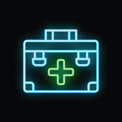 Obraz premium Glowing neon line first aid kit icon isolated on a black background vector illustration