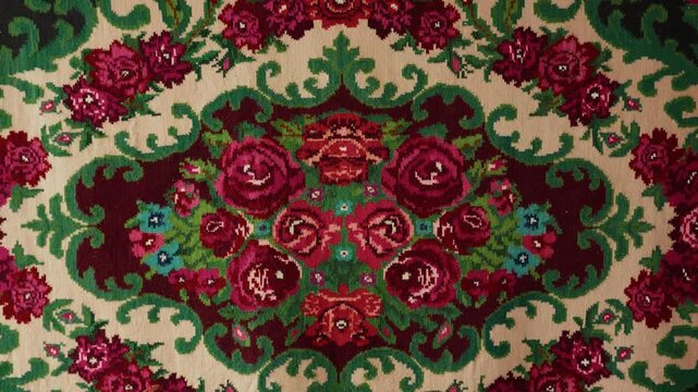 Colorful floral patterned textile featuring intricate roses and green foliage, displayed on a table with decorative items in a cozy indoor setting