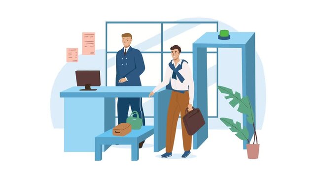 Animated office security checkpoint with metal detector gate and two men
