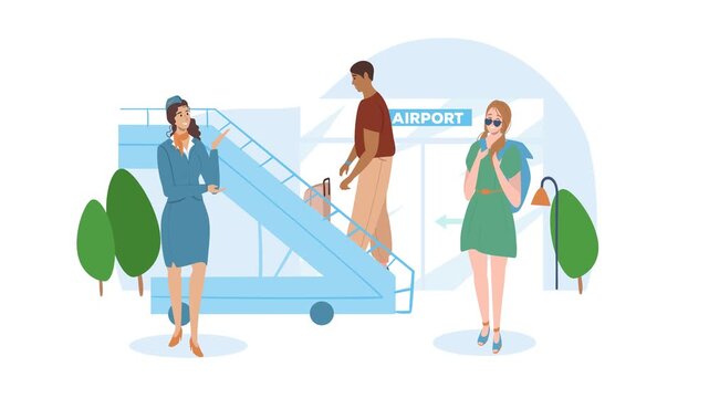 Flat animation of passengers and airline staff at airport boarding gate