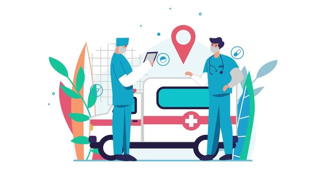 Animated doctors with ambulance and location pin in mobile healthcare