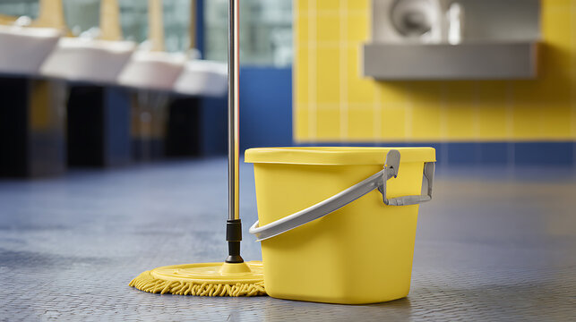 Clean Building Floor with Mop and Bucket: Essential Tools for Maintenance and Hygiene in a Public Restroom Setting, Focus on Cleanliness