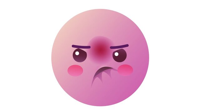 Angry pink emoji face animation on white background with furrowed brows