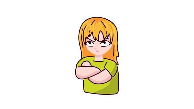 Angry anime girl with crossed arms, animation isolated on white background