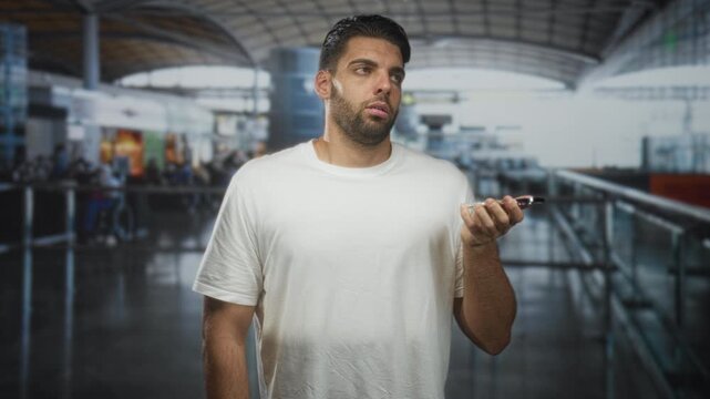 Man with beard holding smartphone in right hand, eyes closed with palm up gesture, wearing white tshirt near railings and blurred crowds in an airport terminal; travel fatigue.