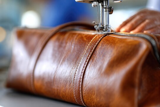 Seamstress Sews Leather Bag Using Sewing Machine in Workshop