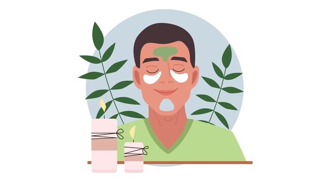 Relaxing man with facial mask, eye patches and candles in spa animation