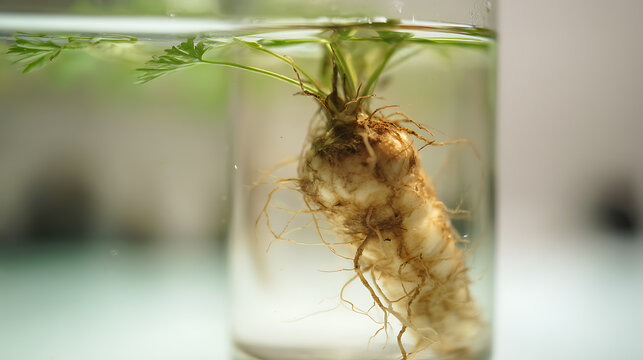 Healthy green sprout emerge from vegetable root in pure water inside a clear glass jar with bright light, focus on growth and organic life