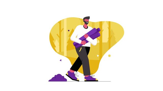 Cartoon man hiking through autumn forest carrying camping gear animation