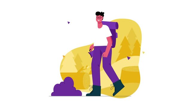 Animated activist with megaphone in stylized forest logging scene