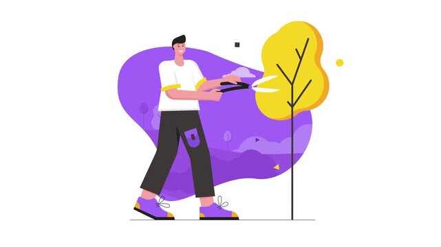 Animated young man pruning tree with garden shears in flat vector art
