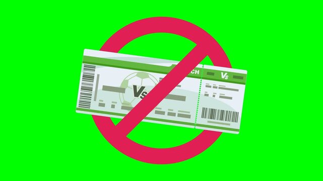 Flat animation of a football match ticket behind a red prohibition sign appearing and disappearing, representing illegal resale. Chroma key green screen with alpha channel. (loopable)