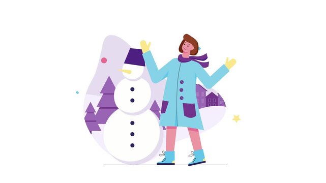 Smiling woman beside snowman in snowy winter village flat animation
