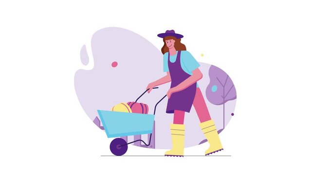 Animated woman gardener pushing wheelbarrow with flowers in garden