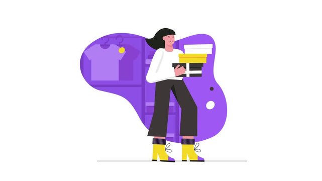 Woman carrying clothes and boxes in front of wardrobe closet animation