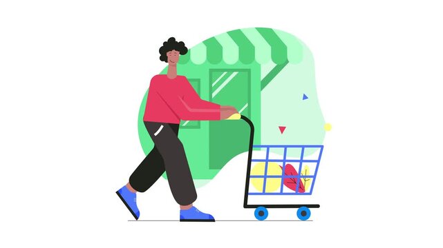 Young shopper pushing cart outside grocery store in flat animation