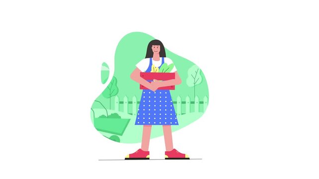 Flat animation of young woman holding harvest basket in garden