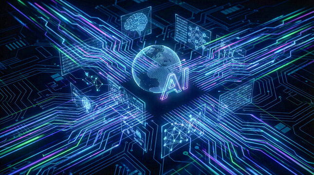 Fondo tecnol&oacute;gico abstracto con l&iacute;neas de datos brillantes, ideal para conceptos de inteligencia artificial y digitalizaci&oacute;n.