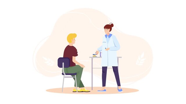Flat vector animation of nurse giving injection to seated patient in clinic