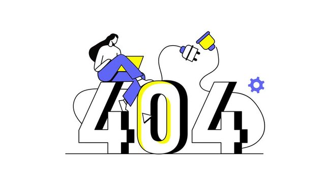 Animated 404 error page with woman sitting on number and power plug