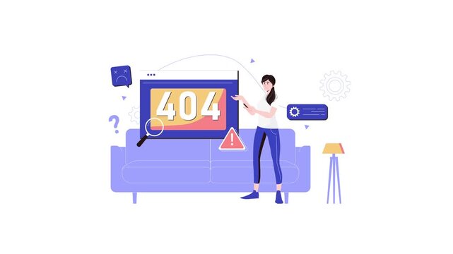 404 page not found animation with woman and error screen in living room