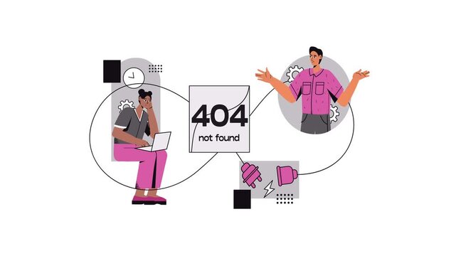 Animated 404 Not Found Website Error Illustration with Frustrated Users