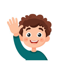 Obraz premium Cartoon Boy Waving Hand - Happy Character Illustration of Smiling Child Greeting. Cheerful Kid Icon Clipart with Friendly Gesture, Curly Hair and Cute Design on White Background