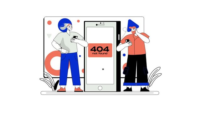 Animated 404 not found error page with two people and smartphone