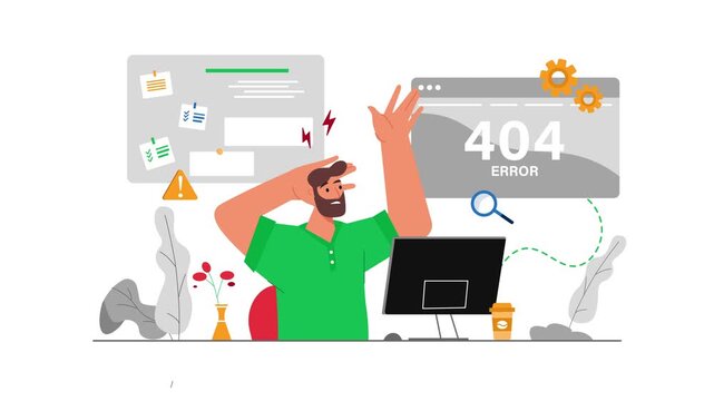 Frustrated man troubleshooting 404 error on website in flat animation