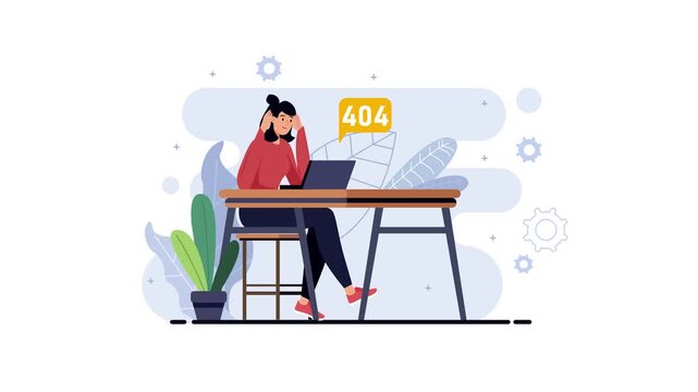 Woman working on laptop with 404 error message, flat vector animation