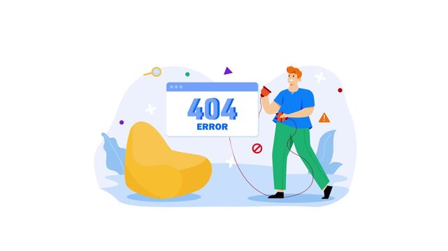 Animated 404 error page with technician fixing broken website interface