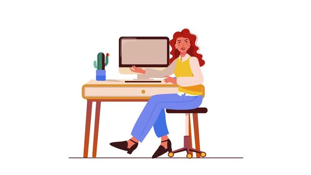 Woman at desk with 404 error screen in flat animated illustration