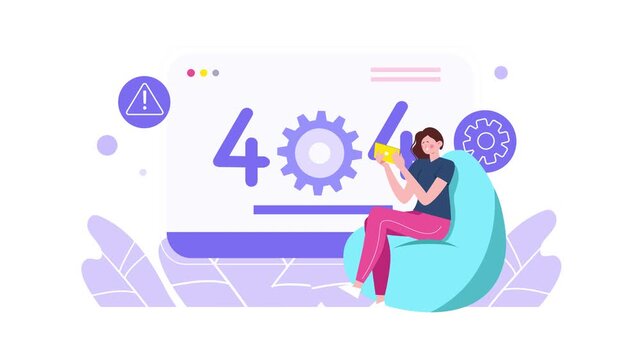 404 error page illustration with woman using laptop on bean bag chair